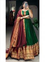 Cotton Green Traditional Wear Zari Work Readymade Gown With Dupatta